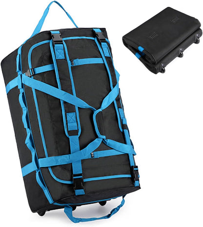 Foldable Rolling Duffle Bag with Wheels, 85L Extra Large Wheeled Travel Duffel, Waterproof Collapsible Weekender Luggage with Rollers for Storage Camping Sports Outdoor, Blue