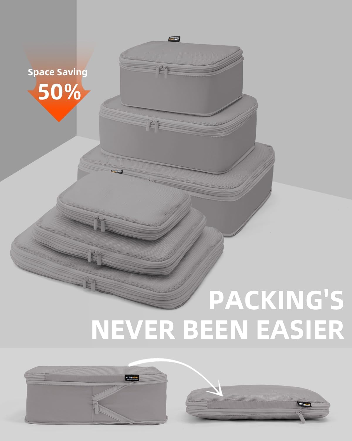 6 Set Compression Packing Cubes for Travel, Large Medium Small Luggage Organizers, Storage Bags for Clothes (6 Pack, Silver Gray)