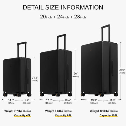 LEVEL8 Elegance Matte Luggage Set, 20 Inch Carry-on Luggage, 24&28 Large Suitcase Lightweight Hardside Suitcases with Wheels,Tsa Lock,3-Piece Set(20/24/28), Black
