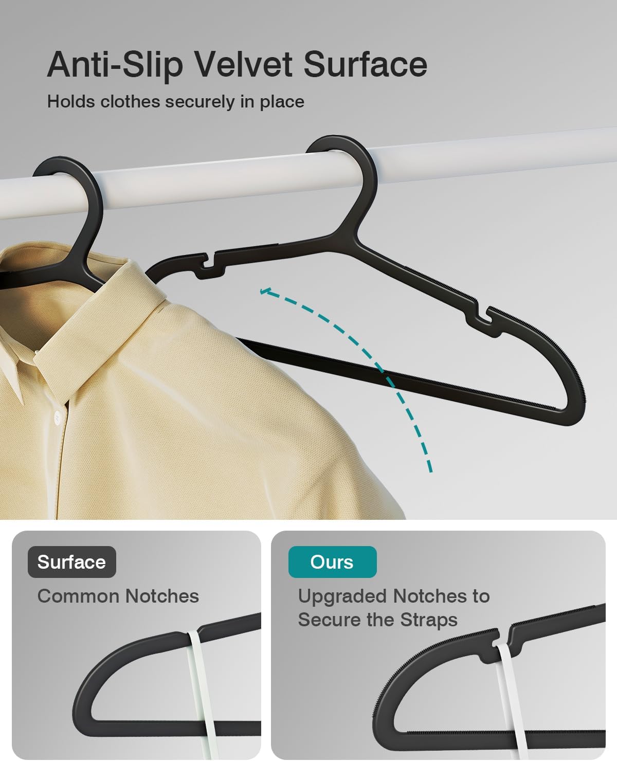 50 Pack Clothes Hangers, Non Slip Plastic Coat Hangers, Space Saving Hangers, Heavy Duty, Hanging Dry Wet Clothes,16.4" x 8.3", Black, UAPY0550B