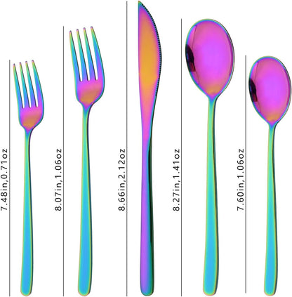 20 Pieces Silverware Set 304 Stainless Steel, Healthy & Eco-Friendly Silver Travel Mirror Polished Rainbow Knife Fork Spoon Salad Fork Dessert Spoon Flatware Set, Service for 4