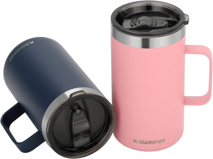 KXIAOCHEN 20oz Insulated Coffee Mug with Lid, Stainless Steel Coffee Cup, Double Wall Vacuum Coffee Tumbler with Handle, Premium Thermal Travel Coffee Mug (Pink Navy 2Pack)