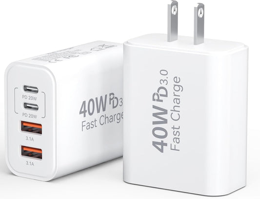 USB C Fast Charger Block, iPhone Charger Fast Charging Blocks 40W Multi Port Charger 4-Ports PD & QC Charging Cube Brick Power Adapter Type C Wall Chargers for iPhone 17/16/15/14/13/12 Pro Max, iPad