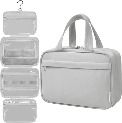 Toiletry Bag For women,Portable Hanging Organizer,4 Leakproof Compartment for full-sized Conditioner, Brushes Set, Makeup Accessories,Visible and easy to access.L-grey