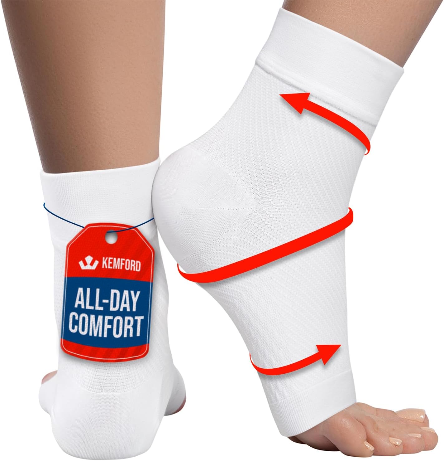 KEMFORD Ankle Compression Sleeve - Plantar Fasciitis Braces - Open Toe Compression Socks for Swelling, Sprain, Neuropathy, Foot Arch Support for Men and Women - 20-30mmhg, L, White
