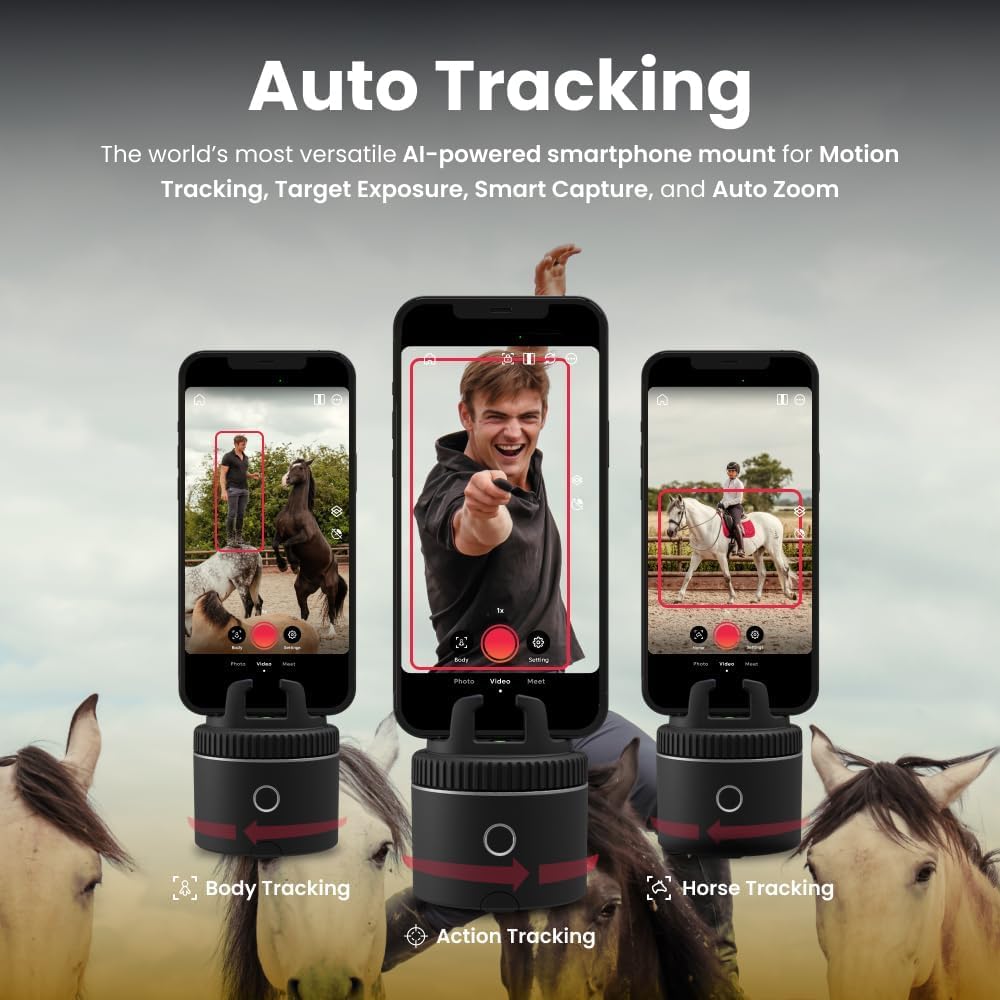 Pivo Equestrian Silver Essential Pack, Auto Face, Body, Horse Phone Tracking Holder, Ai-Powered 360° Rotation, Remote Control for Hands-Free Video Recording with Smart Mount, Travel Case & Tripod
