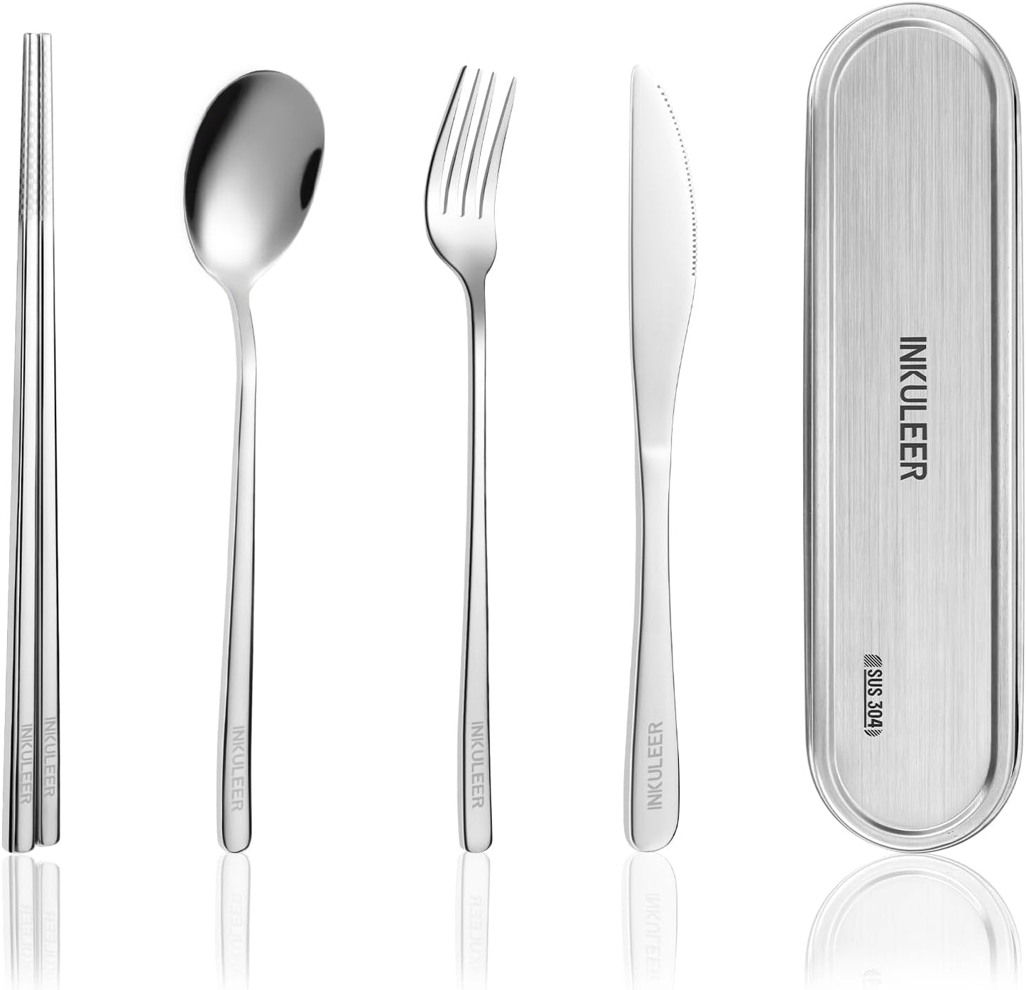 Travel Cutlery Set - 18/8 Stainless Steel Reusable Utensils with Metal Case, Portable Silverware for Camping, Office, Travel & Outdoor Dining
