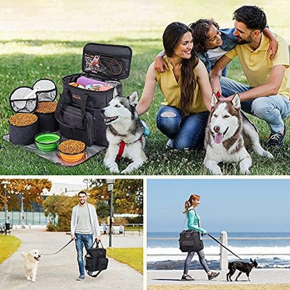 Modoker Dog Travel Bag with 2 Collapsible Dog Bowls, 1 Dog Backpack, Airline Approved Pet Travel BagOrganizer for Supplies & Accessories, 2 Travel Dog Food Container, Black
