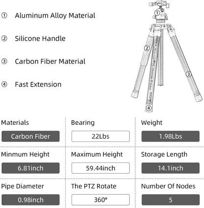 Fotopro 62 Inch Carbon Fiber Tripod for Camera Ultralight Travel Camera Tripod Max Loads Up 22lbs X-Aircross 3 Green