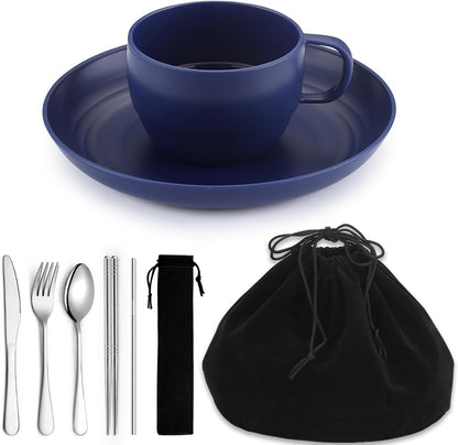 Camping Essentials Set, HOMQUEN Camping Plates and Bowls Set, Coffee Mug, Travel Cutlery Set Include Spoon, Fork, Knife for Work, Outdoor,Picnic, Camp (Blue)