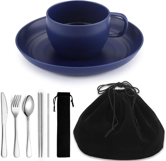 Camping Essentials Set, HOMQUEN Camping Plates and Bowls Set, Coffee Mug, Travel Cutlery Set Include Spoon, Fork, Knife for Work, Outdoor,Picnic, Camp (Blue)
