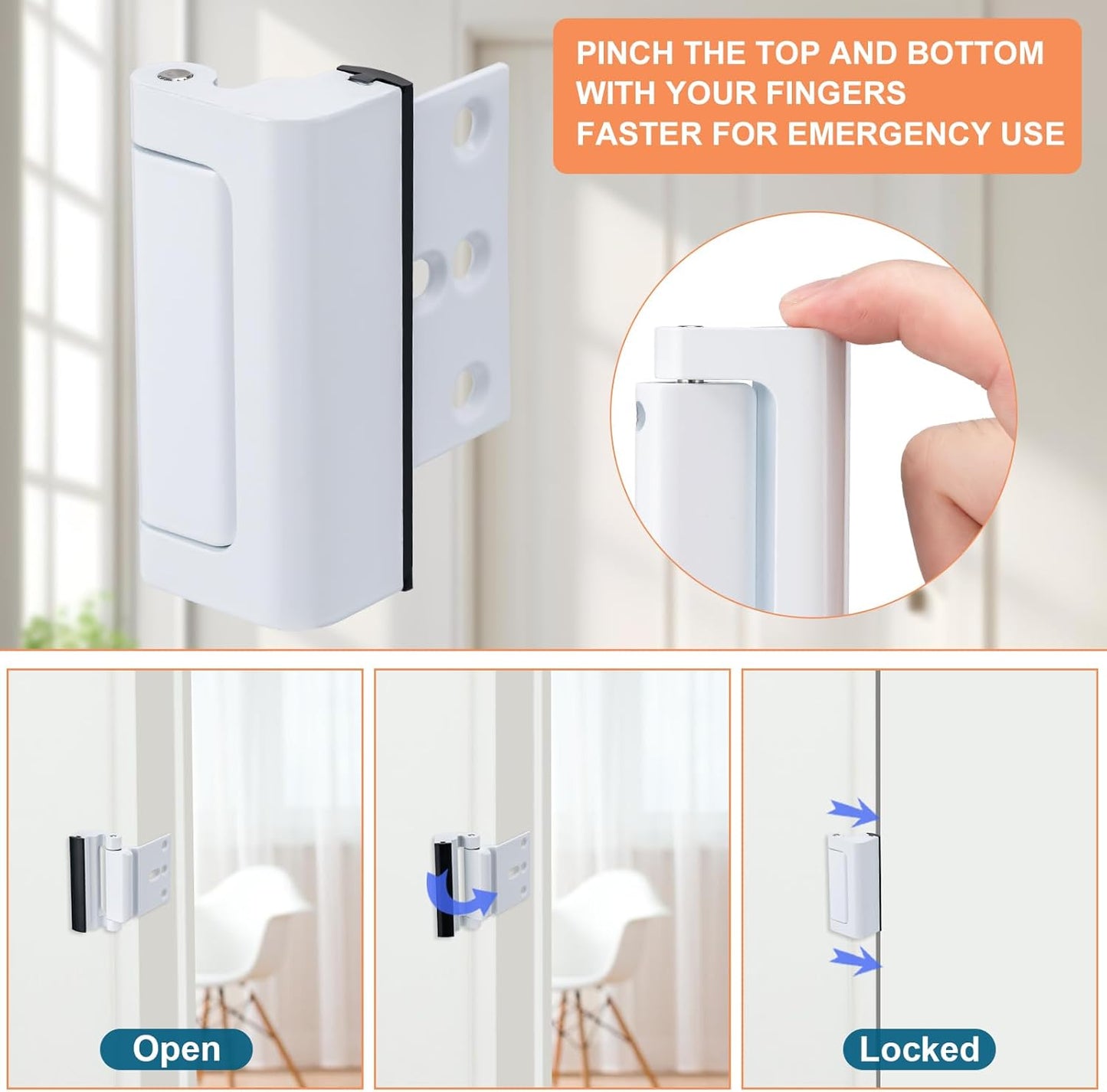 2 Pack Home Security Door Lock,Childproof Door Reinforcement Lock,with 3" Stop Withstand 800 lbs,for Inward Swing Doors,Night Kids Safety Metal Flip Lock Deadbolt Latch (White)