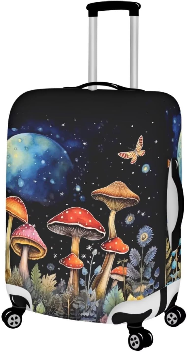 Butterfly Mushroom Print Travel Suitcase Cover Protector Elastic Zipper Closure Fit 26-29 Inch Luggage