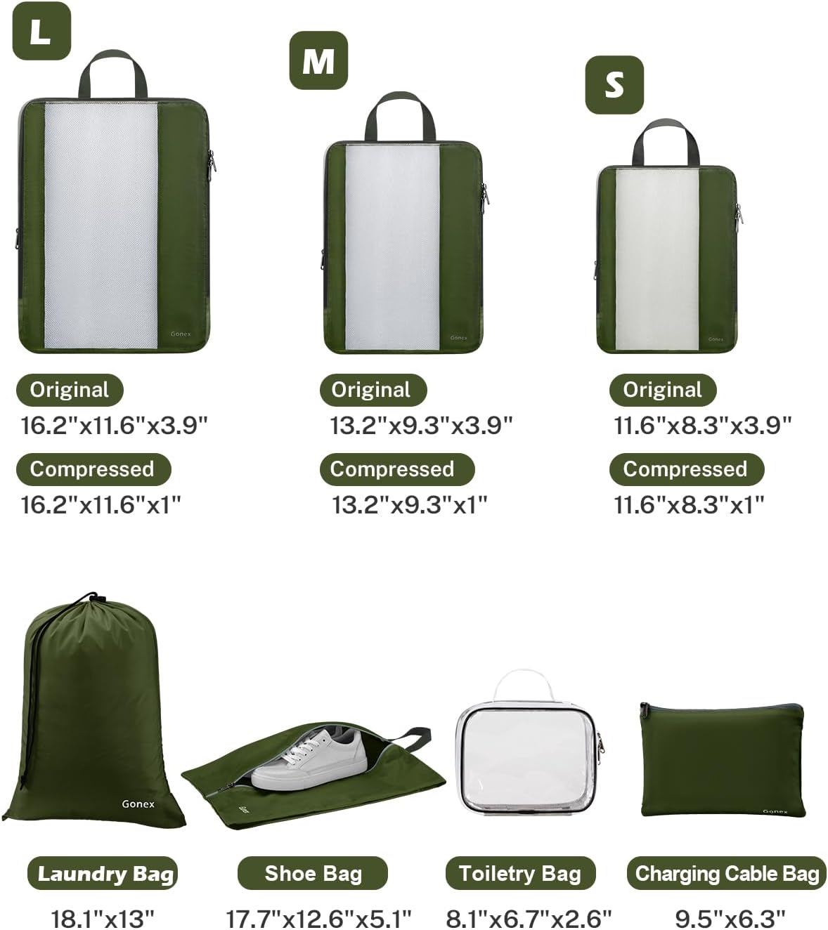 Gonex 8 Set Compression Packing Cubes for Travel, Expandable Mesh Packing Organizer for Travel Accessories Essentials with Toiletry Bag, Laundry Bag, Shoe Bag, Cable Bag for Carry On, Deep Green