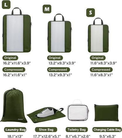 Gonex 8 Set Compression Packing Cubes for Travel, Expandable Mesh Packing Organizer for Travel Accessories Essentials with Toiletry Bag, Laundry Bag, Shoe Bag, Cable Bag for Carry On, Deep Green