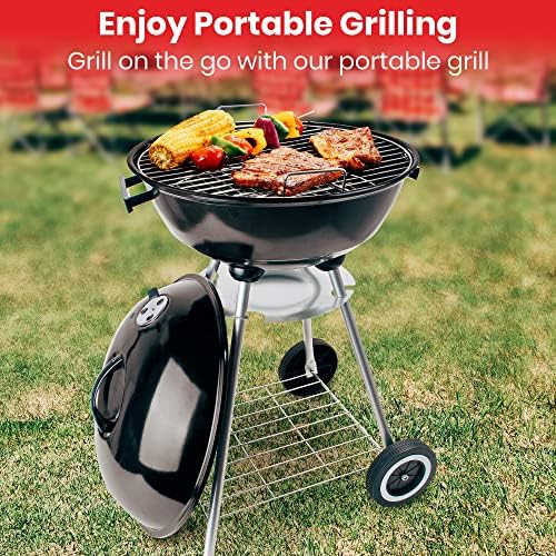 Alpine Cuisine Premium 22x33.9in Charcoal BBQ Grill Round for Outdoor Cooking, Barbecue Coal Kettle Bowl Grill Portable Heavy Duty Round with Legs Grilling for Tailgating Patio Backyard Camping,Black