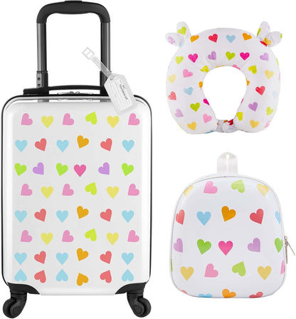 Sanwuta 4 Pcs Kids Luggage Set Kids Backpack Travel Rolling Suitcase with Wheels U-shape Pillow Childrens Gift for Girls Boys(20 Inch,Heart Style,White)