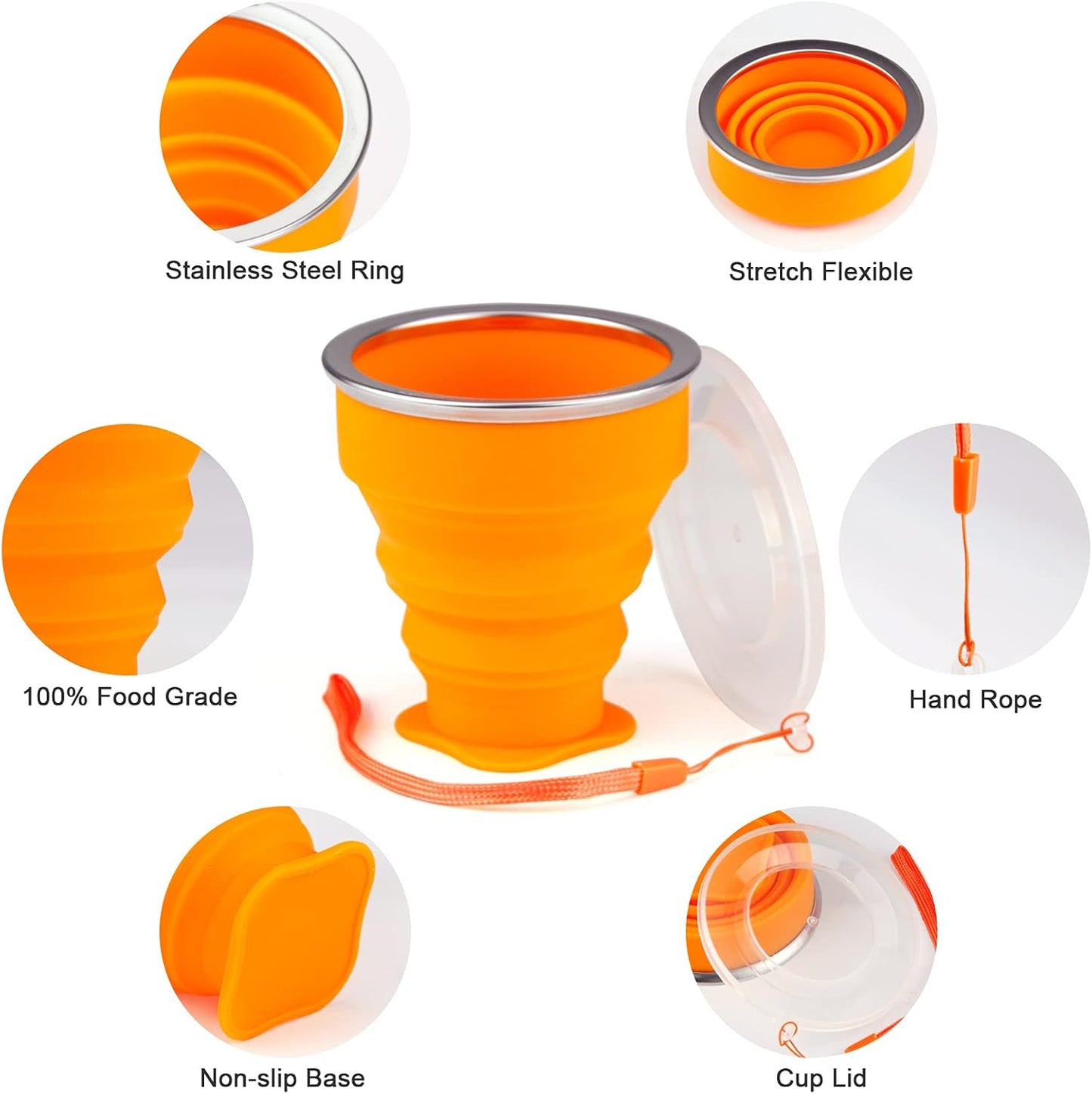 Collapsible Cups for Travel - Portable Silicone Foldable Cup with Lid, Reusable Collapsible Drinking Cup for Camping, Hiking, and Daily Use - Compact, Leak-Proof, and Sturdy Collapsible Water Cup