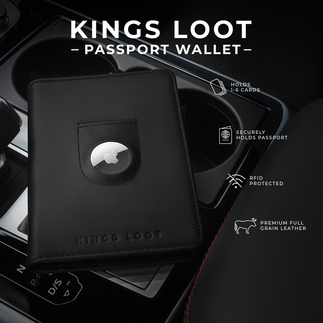 Kings Loot Passport Holder Wallet | RFID Protected Leather Travel Wallet with Built-in Trackable Holder | Holds 1-6 Cards & Passport | Slim & Stylish Wallets (Onyx Black)