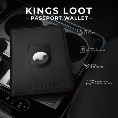 Kings Loot Passport Holder Wallet | RFID Protected Leather Travel Wallet with Built-in Trackable Holder | Holds 1-6 Cards & Passport | Slim & Stylish Wallets (Onyx Black)