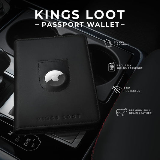 Kings Loot Passport Holder Wallet | RFID Protected Leather Travel Wallet with Built-in Trackable Holder | Holds 1-6 Cards & Passport | Slim & Stylish Wallets (Onyx Black)