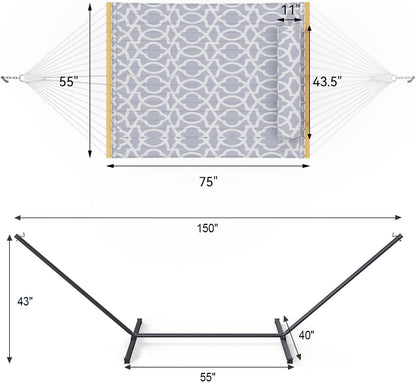 2 Person Outdoor Hammock with Stand, Cotton Rope Hammock with Polyester Pad, Adjustable Steel Frame, Portable with Carrying Bag – for Patio, Backyard, Garden, Beach, White-Gray