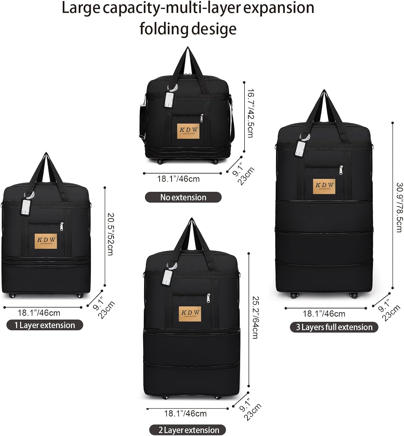 Foldable Travel Bag with Wheels, Extendable Tote Bag, Roller Expandable Luggage Compartment, Large Capacity Lightweight Luggage Bag, Waterproof for Men and Women(Black)