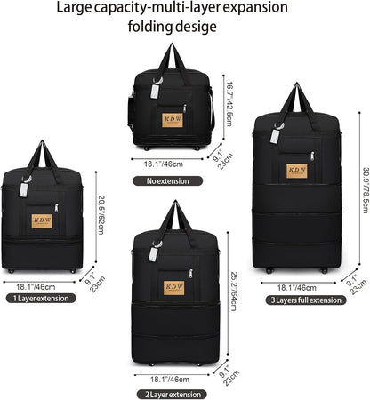 Foldable Travel Bag with Wheels, Extendable Tote Bag, Roller Expandable Luggage Compartment, Large Capacity Lightweight Luggage Bag, Waterproof for Men and Women(Black)