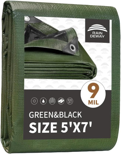5x7 Feet Tarp Waterproof,Small Tarps,9Mil Thick,Finished Size Tarps,UV Resistant,Durable,Multipurpose Poly Tarp Cover with Metal Grommets and Reinforced Edges,Green/Black by RAINDEWAY