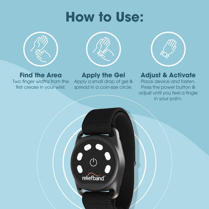 Reliefband Sport Anti-Nausea Wristband | Waterproof, FDA Cleared, Nausea & Vomiting Relief for Motion Sickness (Car, Air, Sea) & Morning Sickness, Drug & Side Effect Free (Black, 1 Extra Gel Tube)