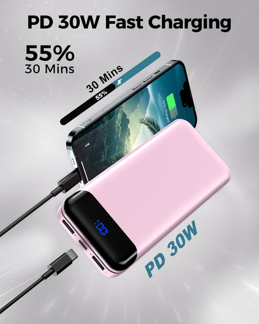 Portable Charger Power Bank 40000mAh Powerbank PD 30W and QC 4.0 Fast Charging External Battery Pack with USB-C LED 3 Outputs & 2 Inputs Portable Charging for iPhone 15 14 13 (Pink)