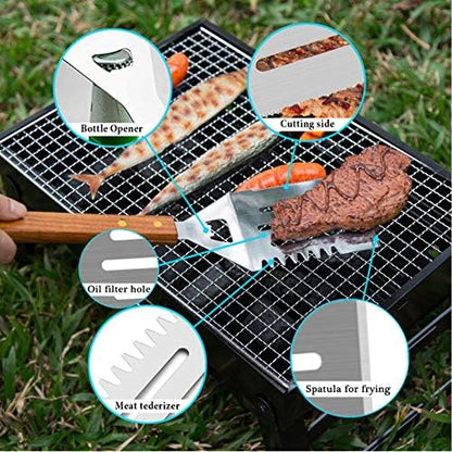 IMAGE Wooden BBQ Accessories Grill Sets,Stainless Steel BBQ Grill Tools Utensils Set for Outdoor Grilling, Cooking, Backyard Barbecue & Camping Gift for Man Dad Women Barbecue Enthusiasts Set of 4