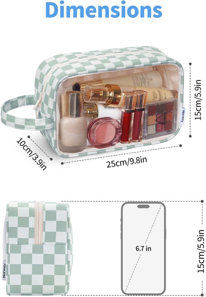 Narwey Clear Toiletry Bags for Traveling Women Men, Clear Travel Bags for Toiletries Makeup Bag Cosmetic Bag with Zipper, Make Up Organizer, Skincare Bag (Mint Green Checkerboard)