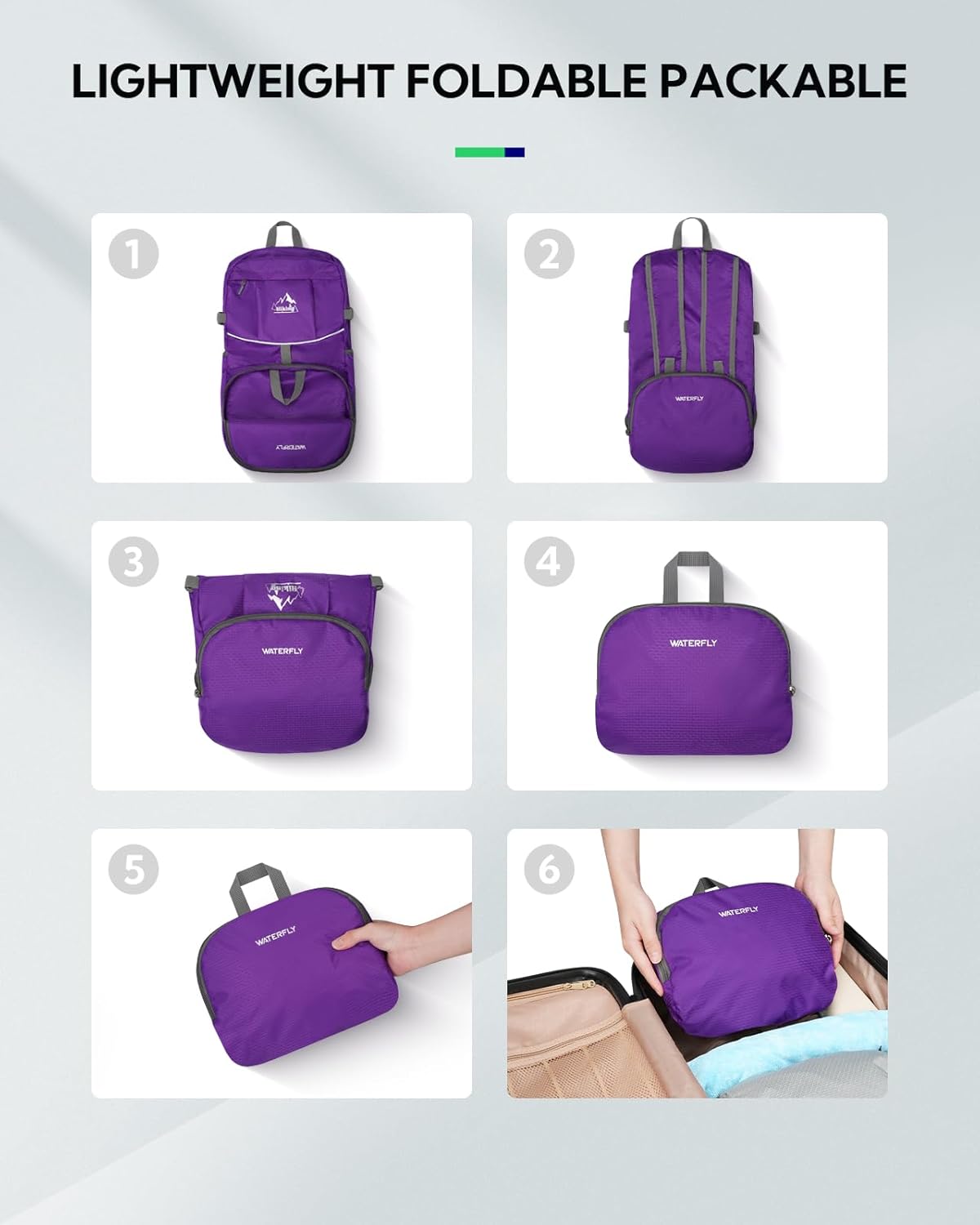 WATERFLY Hiking Foldable Daypack Backpack: 25L Ultra Lightweight Packable Waterproof Outdoor Travel Day Pack for Woman Man