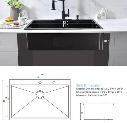 33 Inch Black Drop In Kitchen Sink Workstation-Bokaiya 33x22 Black Stainless - Image 8