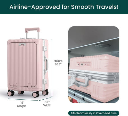 Nobl Travel Carry On Luggage, Noble Zipperless Aluminum Frame PC Hard Shell Suitcase, 20.8"x15"x8.7" Airline Approved, 360° Spinner Wheels, TSA Locks, USB Charging Port, Cup & Phone Holder - Pink