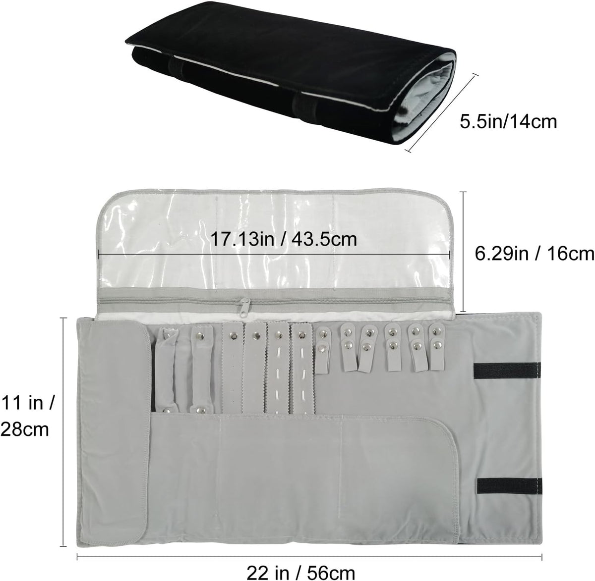 Velvet Travel Jewelry Case Roll Bag Organizer for Necklace Bracelet Earrings Ring (Black) (grey and black)