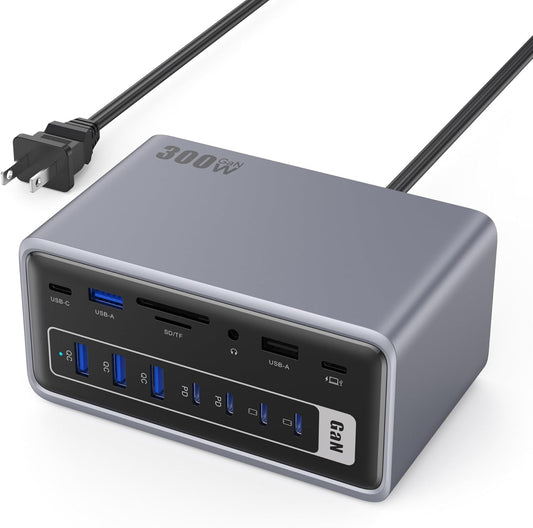 20-in-1 300W Charging Station,USB Docking Station Triple Display USB C Hub with 2x4K HDMI,DP,VGA,Ethernet,7 USB A/C Ports,5Gbps USB A/C Ports,SD/TF,Audio,100W PD Fast Laptop Charger for Windows/macOS