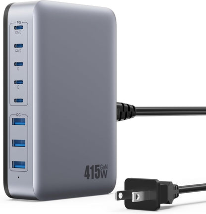 USB C Charger 415W USB C Charger Block, 8-Ports GaN IV Fast Charging Station Hub, Dual PD 100W Laptop Charger Adapter,for MacBook Pro/Air/iPad/iPhone16/15/14/Apple Watch/DELL/Samsung for Home Office