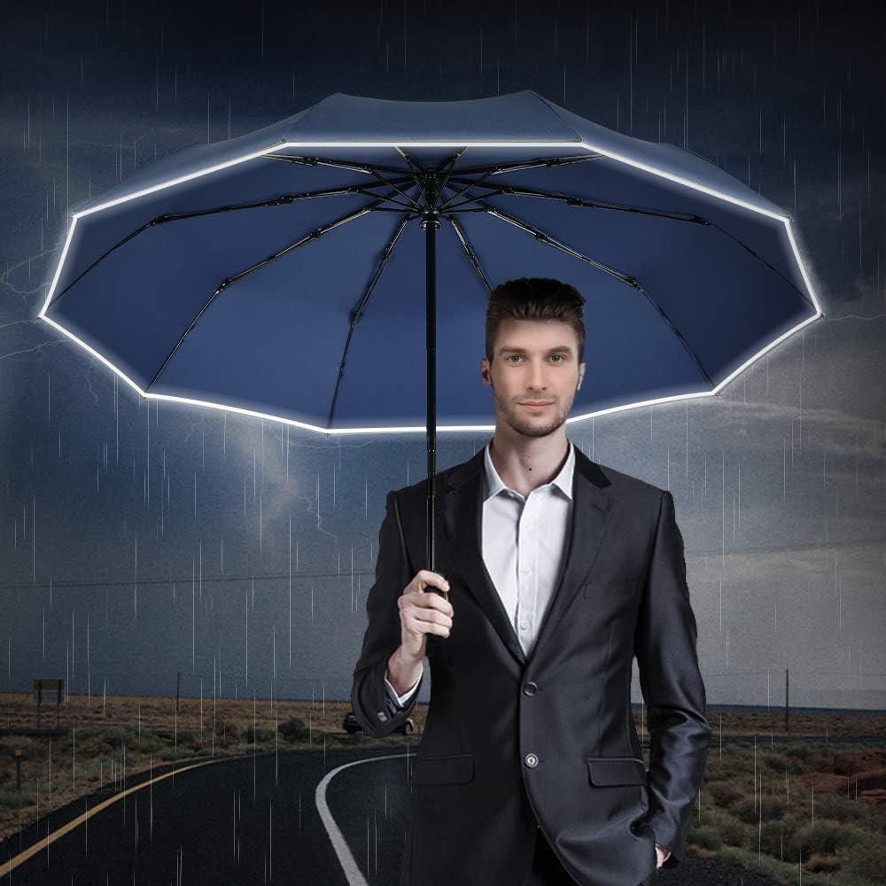 FDJASGY Windproof Travel Umbrella with Teflon Coating Auto Open Close Lightweight Sun&Rain Umbrella with 10 Rib Construction and Reflective Stripe Zipper Pouch
