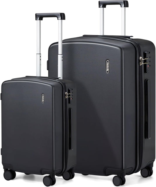 Hanke Hard Shell Luggage Sets 2 Pieces, Carry On and Checked Luggage Sets with Spinner Wheels, Durable PC Hardside Rolling Suitcase for Travel (20/28 Inch, Jet Black)