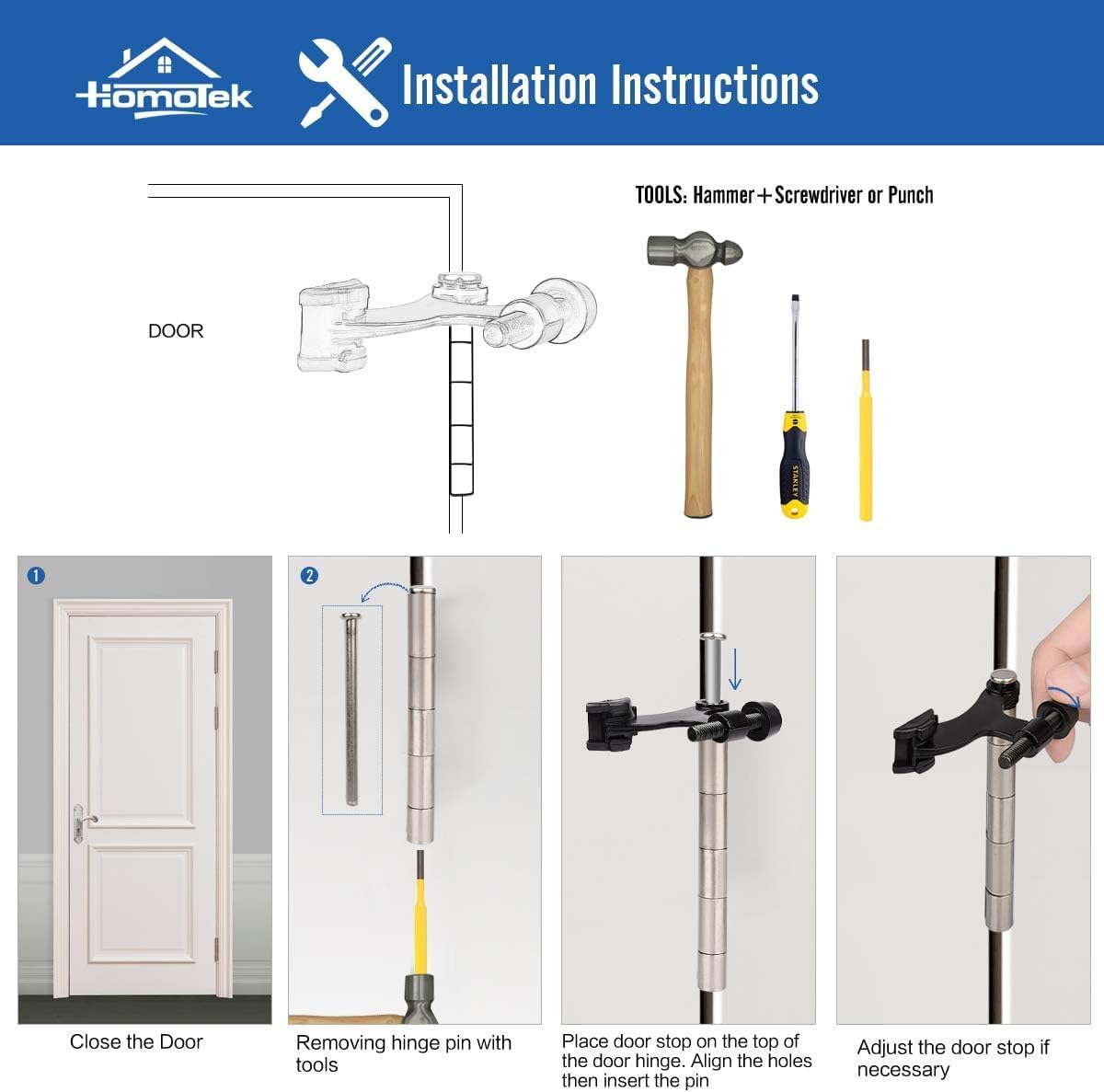 HOMOTEK 12 Pack Hinge Pin Antique Brass Door Stopper, Adjustable Deluxe Heavy Duty Door Stopper 2-1/2"x1-3/4”, with Black Rubber Bumper Tips