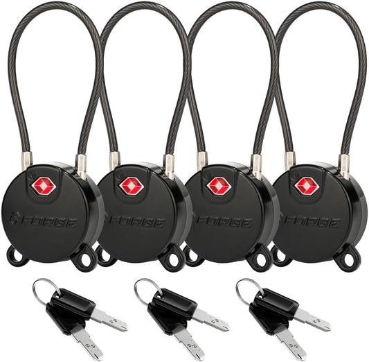 Forge TSA Approved Luggage Locks Ultra-Secure Dimple Key Travel Locks with Zinc Alloy Body- Black 4 Cable Locks