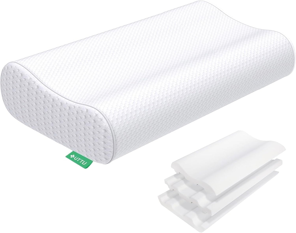 UTTU Cervical Pillow for Neck Strain Relief, Memory Foam Neck Pillow for Sleeping, Adjustable Orthopedic Sandwich Pillow, Contour Cooling for Side Back Stomach Sleeper, Medium(23.6"×14"×5.2"/4.5")
