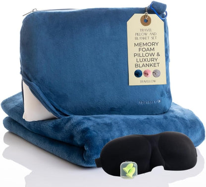 Travel Pillow and Blanket Set - 4-in-1 Ultimate Travel Kit with Memory Foam Pillow, Travel Blanket, Sleep Mask, and Earplugs-Ultimate Comfort and Coziness for Your Journeys - Blue