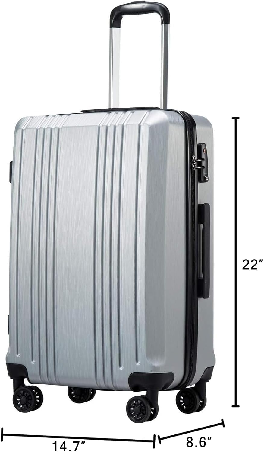 Coolife Luggage Suitcase PC+ABS with TSA Lock Spinner Carry on Hardshell Lightweight 20in 24in 28in(sliver, S(20in_carry on))