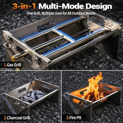 Portable Gas Grill,360° Rotating Charcoal Grill,Stainless Steel Flipping Camping Barbecue Grill with Carry Bag,Detachable BBQ Grill & Fire Pit for Outdoor Cooking,Camping,Tailgating, Patio & Backyard