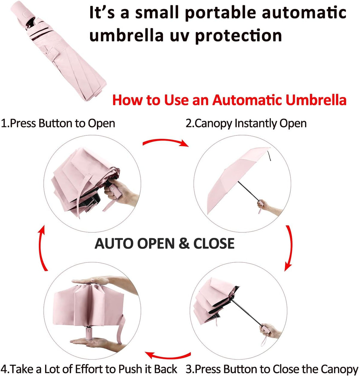 BAODINI Small UV Protection Travel Umbrella Compact for Rain and Sun UPF 50+ 41 inch Portable Umbrella for Women and Men