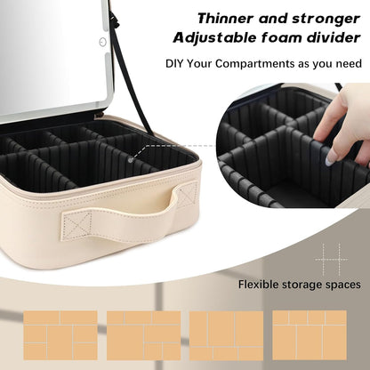 Makeup Bag with Led Mirror,Travel Makeup Organizer with 3 Color Setting, Portable Storage and Adjustable Dividers Travel Makeup Bag(White)