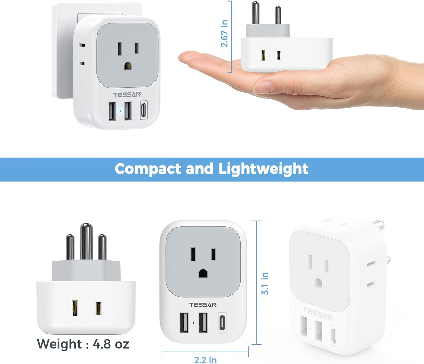 India Plug Adapter 2 Pack, TESSAN Type D Travel Adapter with 4 Outlets 3 USB Charger (1 USB C Port), US to Indian Outlet Adaptor for USA to Bangladesh, India, Kuwait, Maldives